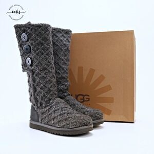 UGG Lattice Cardy Bohemian Knit Geometric Pull On Button Boots Gray Women 6